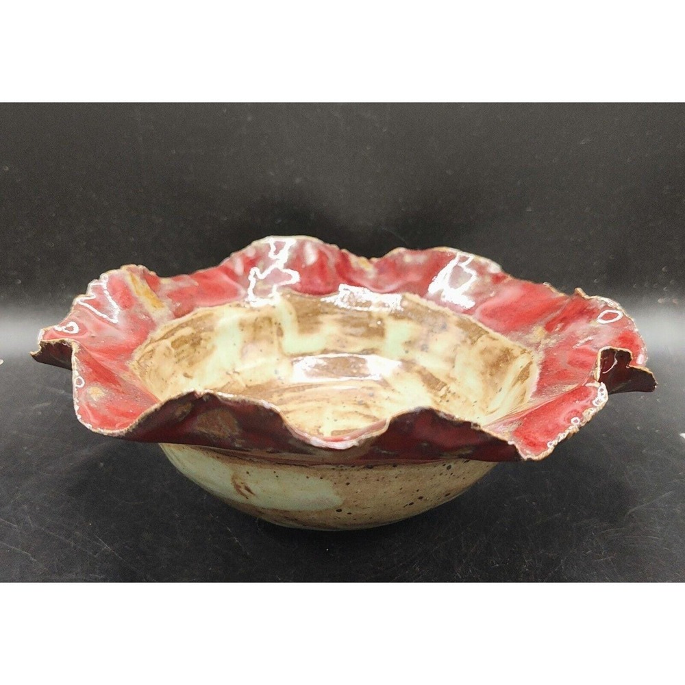 Handmade Vintage Art Pottery Ceramic Ruffled Bowl Red Green 7.5" Signed RF